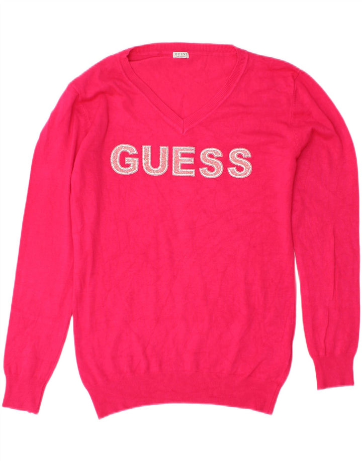 GUESS Womens Graphic V-Neck Jumper Sweater UK 12 Medium Pink Viscose