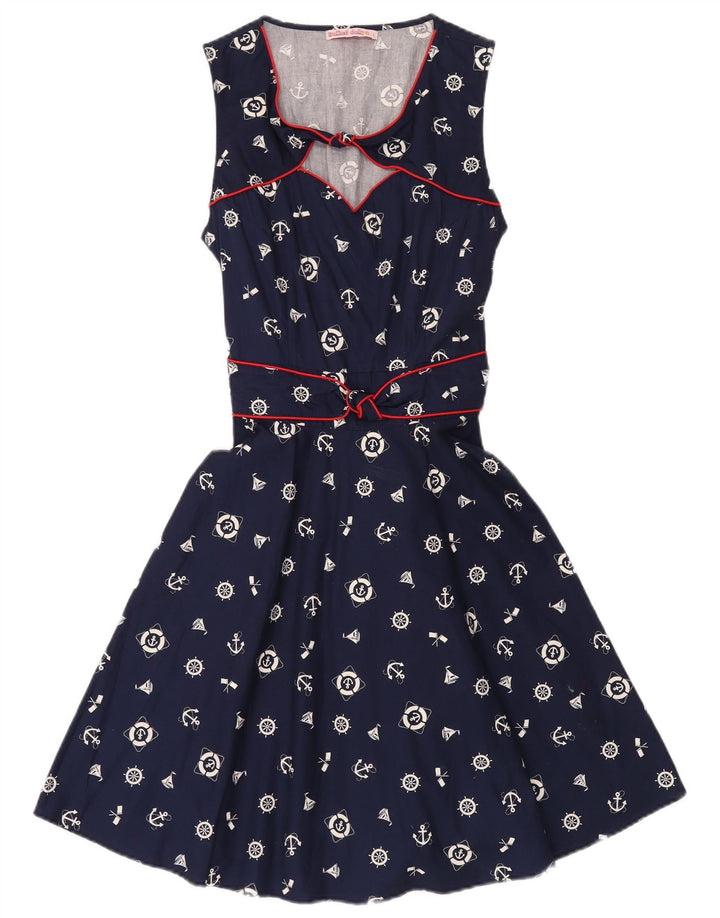 Trollied Dolly Dame Abstrakt Mønster A-Line Kjole UK 14 Large Navy Blue