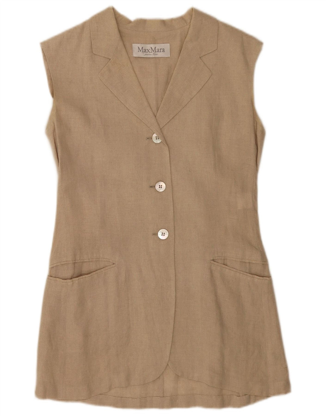 Max Mara Dame 3-knaps ærmeløs blazerjakke UK 10 Small Beige Linen