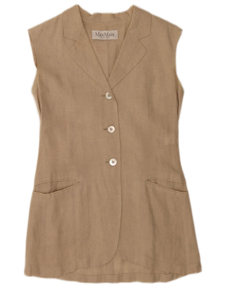 Max Mara Dame 3-knaps ærmeløs blazerjakke UK 10 Small Beige Linen