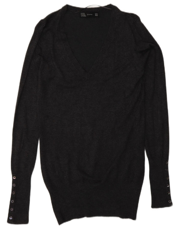 ZARA Womens V-Neck Jumper Sweater UK 12 Medium Grey