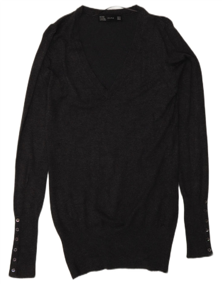 ZARA Dame V-hals sweater UK 12 Medium Grå