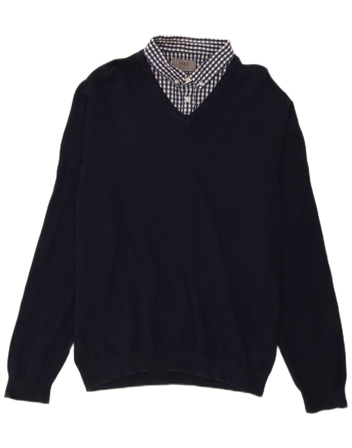 Marks & Spencer Herre Polo Neck Jumper Sweater Large Navy Blue Gingham