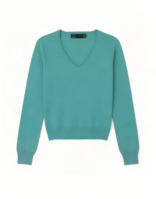 Zara Womens Crop V-Neck Jumper Sweater UK 10 Small Blue Cotton