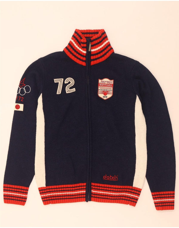 Datch Mens Graphic Cardigan Sweater UK 14 Medium Navy Blue Colourblock Wool