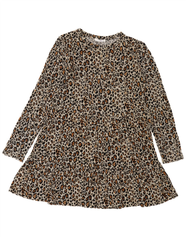 Zara Dame Langærmet A-Line Kjole UK 12 Medium Grey Animal Print