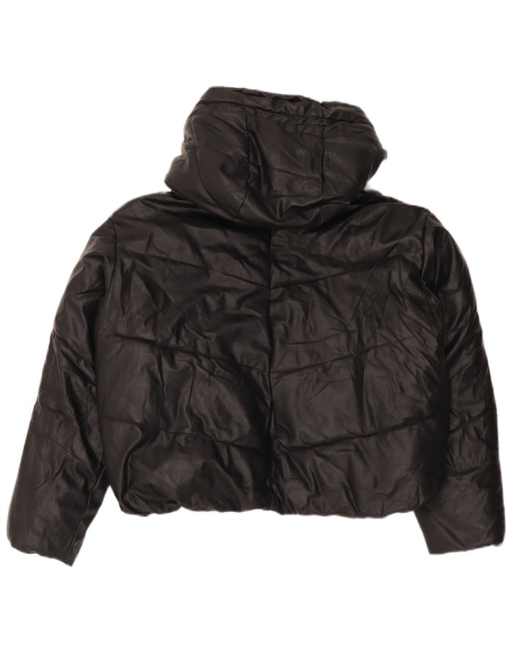 Zara Dame Oversized Hætte i imiteret læder polstret jakke UK 14 Medium Sort