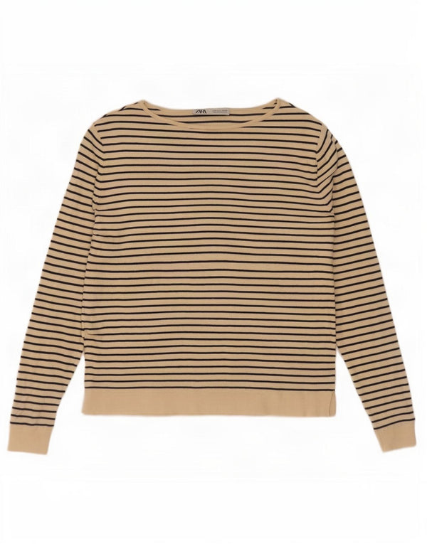 Zara Dame Oversized Top Langærmet UK 10 Small Beige Stribet Nautical