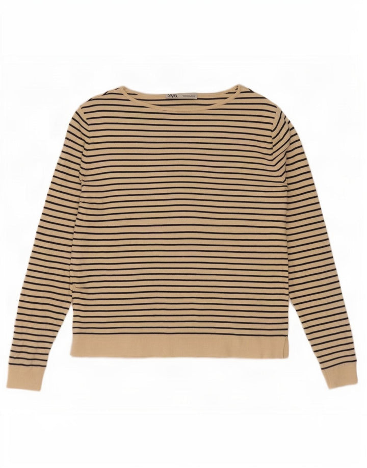 Zara Dame Oversized Top Langærmet UK 10 Small Beige Stribet Nautical