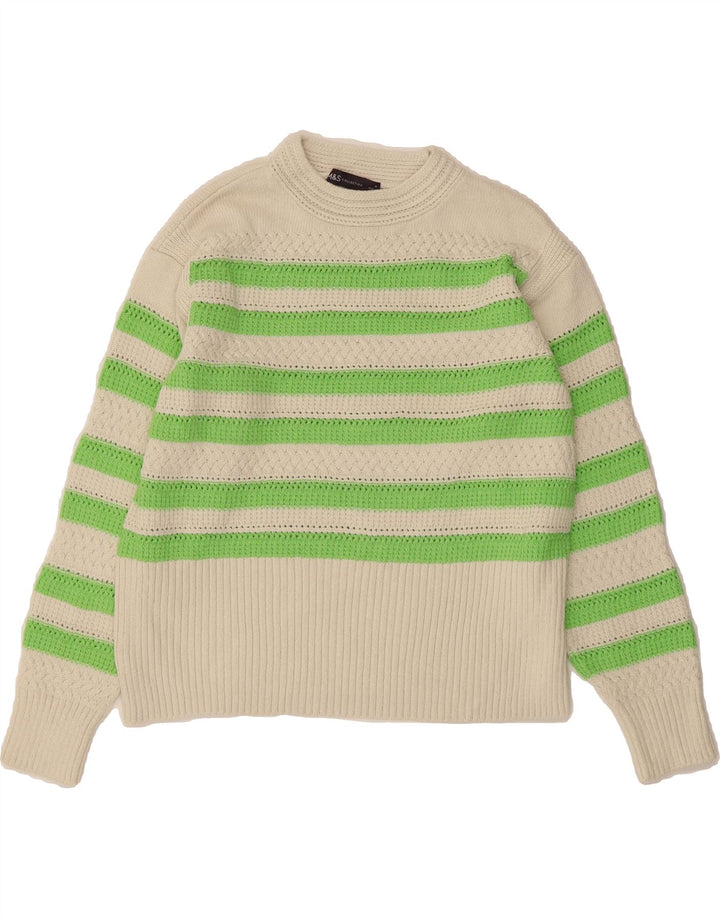 MARKS & SPENCER Womens Crew Neck Jumper Sweater UK 14 Medium White Striped Vintage Marks & Spencer and Second-Hand Marks & Spencer from Messina Hembry 