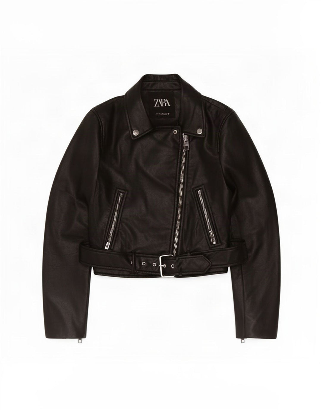 Zara Womens Crop Biker-jakke i imiteret læder UK 10 Lille sort polyester