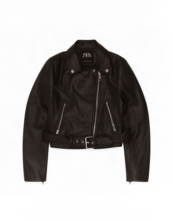 Zara Womens Crop Biker-jakke i imiteret læder UK 10 Lille sort polyester