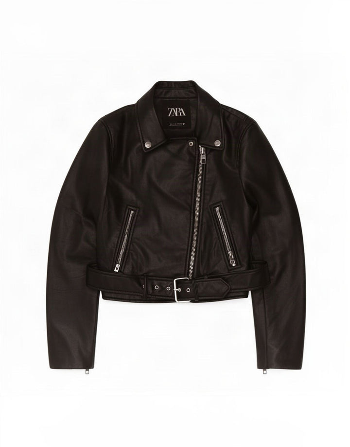 Zara Womens Crop Biker-jakke i imiteret læder UK 10 Lille sort polyester