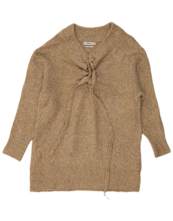 Zara Womens Longline V-hals sweater UK 10 Small Khaki Flecked