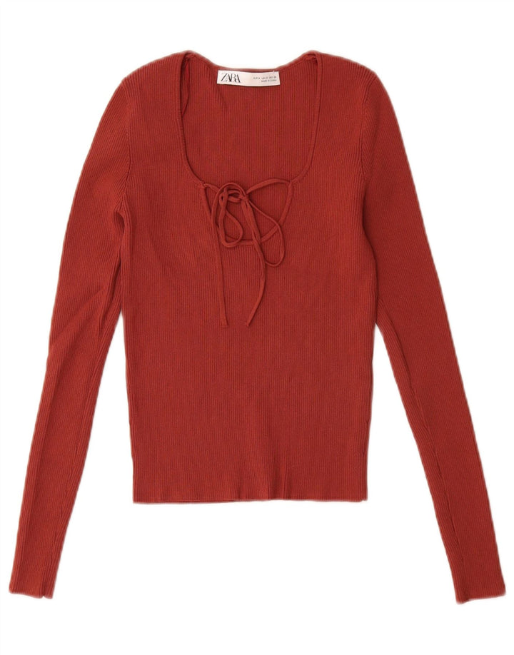 Zara Womens Crop Top Langærmet UK 8 Lille rød viskose