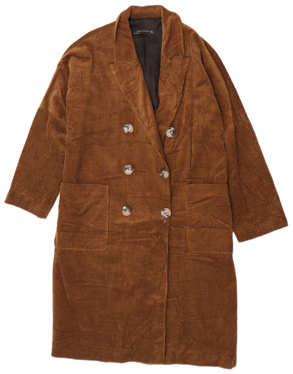 Zara Dame Dobbeltradet Corduroy Frakke UK 16 Stor Khaki Bomuld