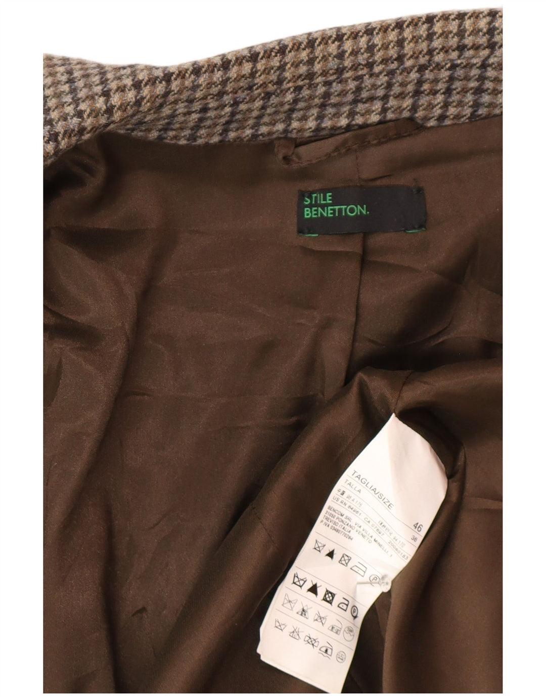 Benetton Dame 1 Knap Blazer Jakke IT 46 Stor Grå Houndstooth Uld