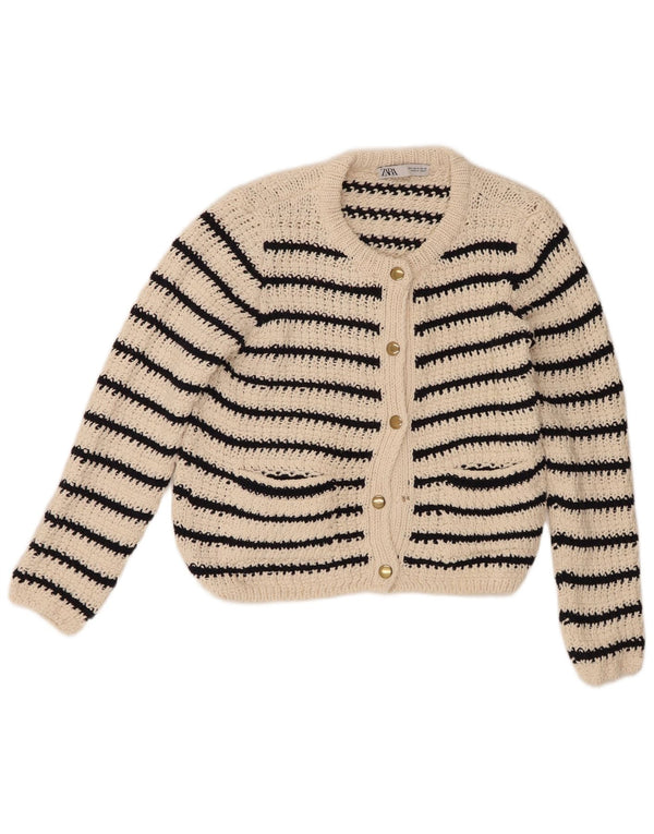 Zara Womens Crop Cardigan Sweater UK 14 Medium Off White Striped Cotton