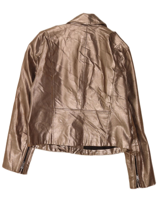 Zara Dame Læder Biker Jacket UK 14 Large Gold