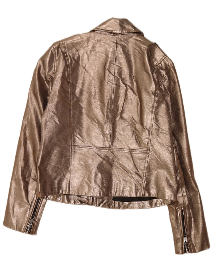 Zara Dame Læder Biker Jacket UK 14 Large Gold