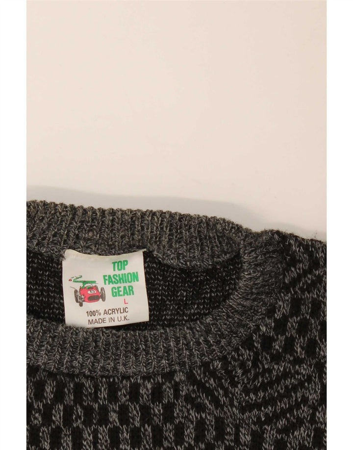 Vintage herre rund hals sweater stor grå Argyle/diamant akryl