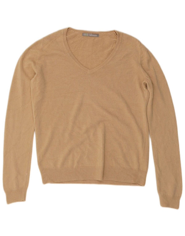Marks & Spencer Dame V-hals sweater UK 12 Medium Beige Akryl