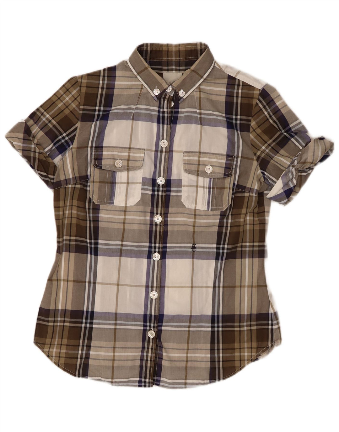 HENRY COTTONS Womens Short Sleeve Shirt IT 44 Medium Khaki Check Cotton