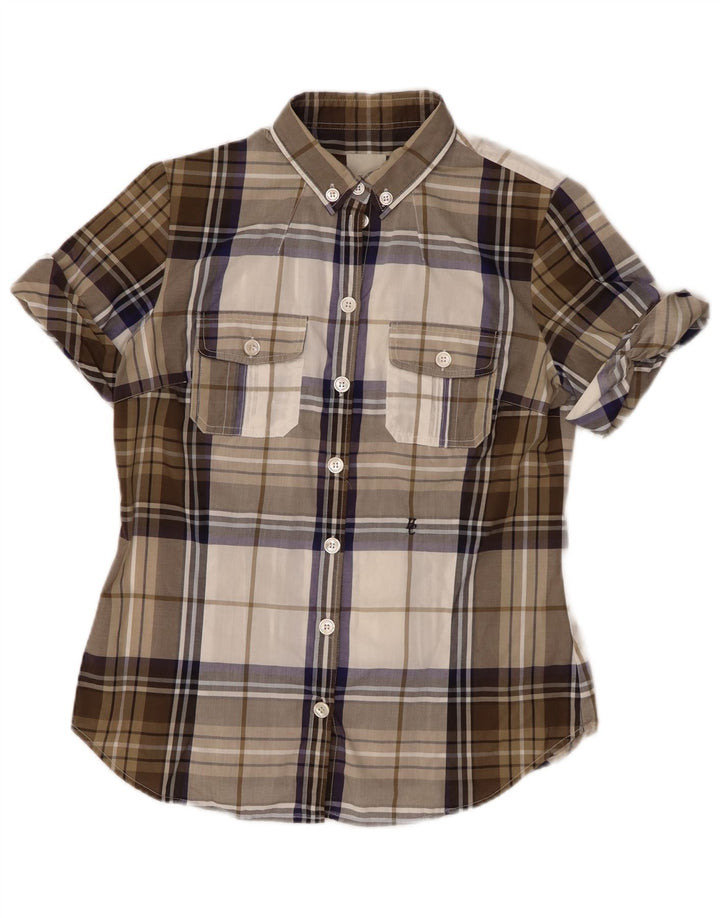 HENRY COTTONS Womens Short Sleeve Shirt IT 44 Medium Khaki Check Cotton