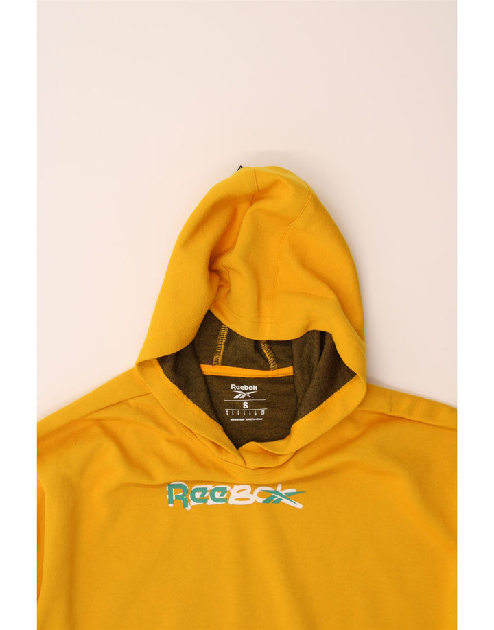 REEBOK Mens Graphic Loose Fit Hoodie Jumper Small Yellow Polyester Vintage Reebok and Second-Hand Reebok from Messina Hembry 