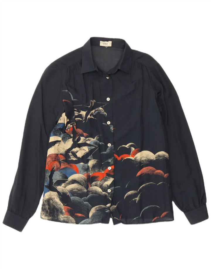 Vintage grafisk skjorte til kvinder IT 42 Medium Navy Blue Acetate