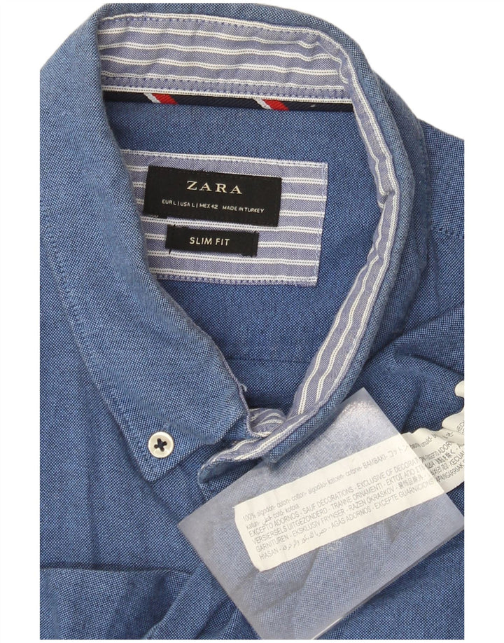 Zara Herre Slim Fit Skjorte Stor Blå Bomuld