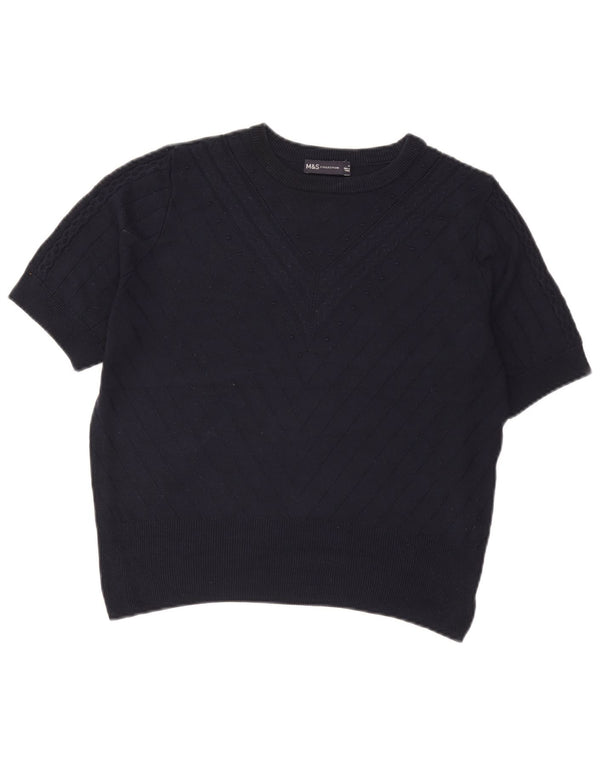 Marks & Spencer Dame Crop Crew Neck Jumper Sweater UK 14 Medium Navy Blue