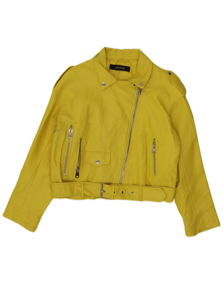 Zara Womens Crop Biker-jakke i imiteret læder UK 16 Stor gul polyester