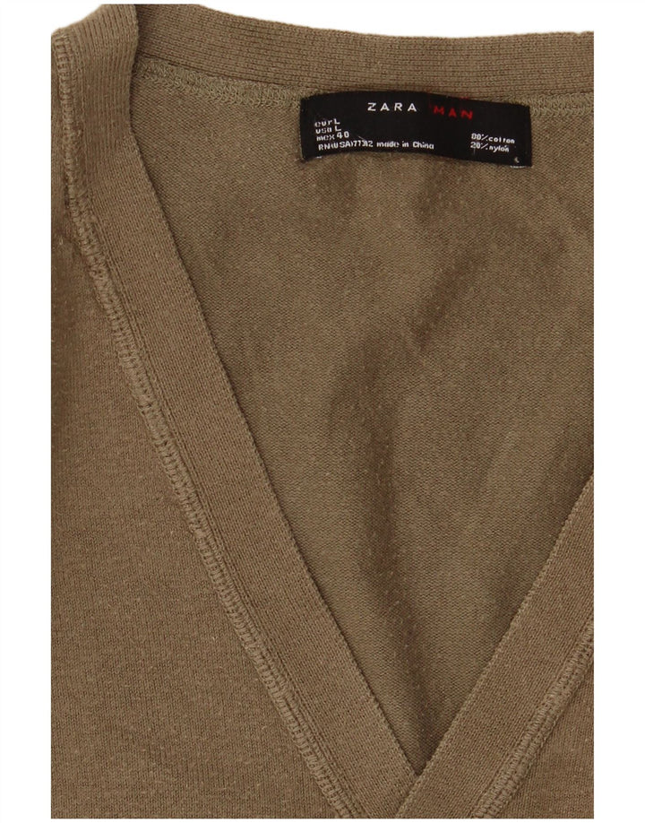 Zara Herre Cardigan Sweater Stor Khaki Bomuld