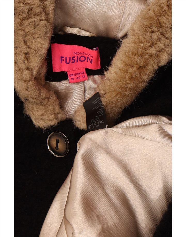 Monsoon Dame Hætte Overfrakke UK 16 Stor Sort Uld