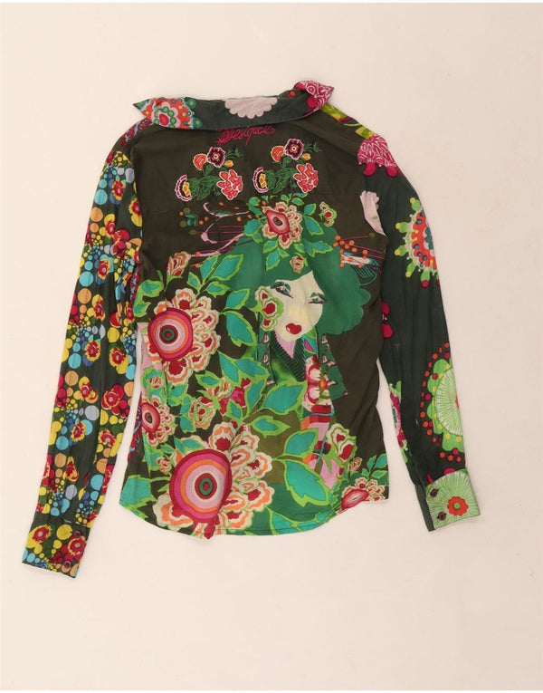 Desigual Dame Shirt Bluse UK 10 Small Green Floral Cotton