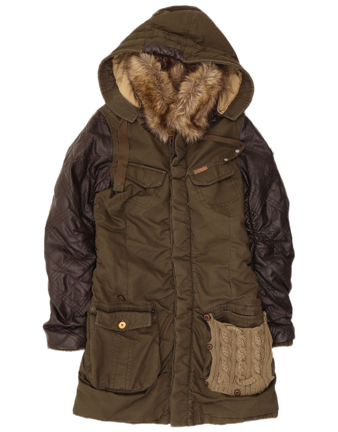 KHUJO Parkajakke med hætte til kvinder UK 14 Stor Khaki Colourblock Polyester