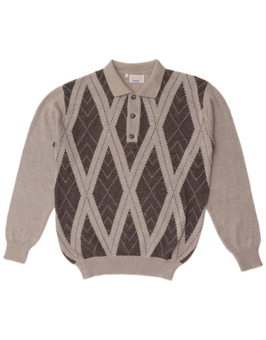 Vintage Herre Polo Neck Jumper Sweater IT 52 Large Grey Argyle/Diamond Wool