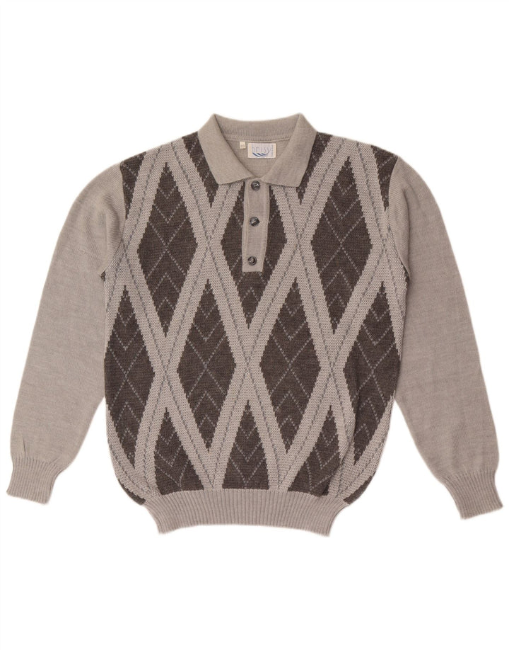 Vintage Herre Polo Neck Jumper Sweater IT 52 Large Grey Argyle/Diamond Wool