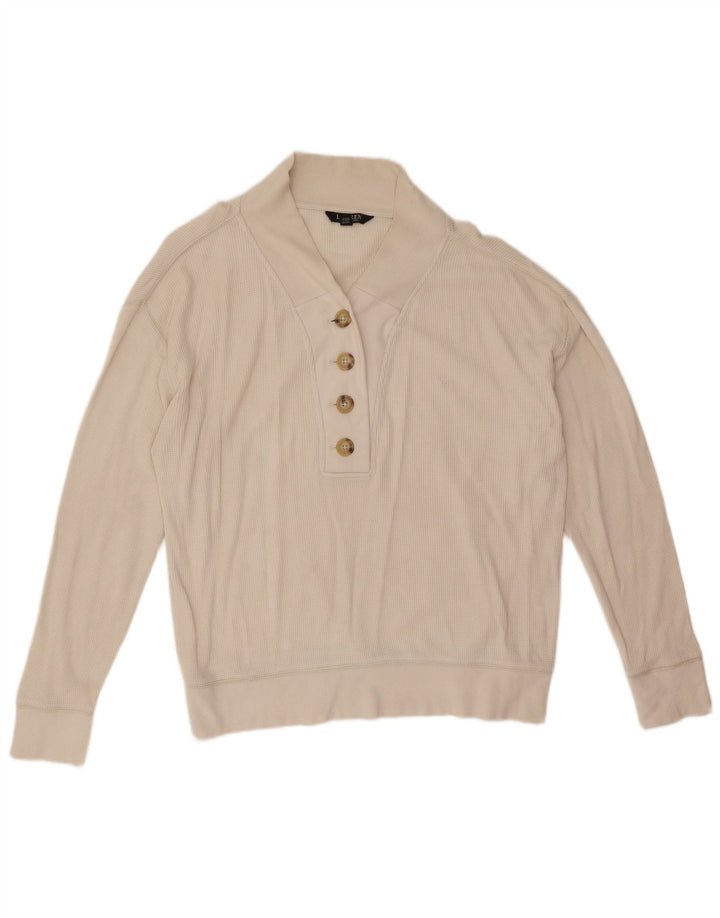 Ralph Lauren Dame Button Neck Sweatshirt Jumper UK 14 Medium White Bomuld
