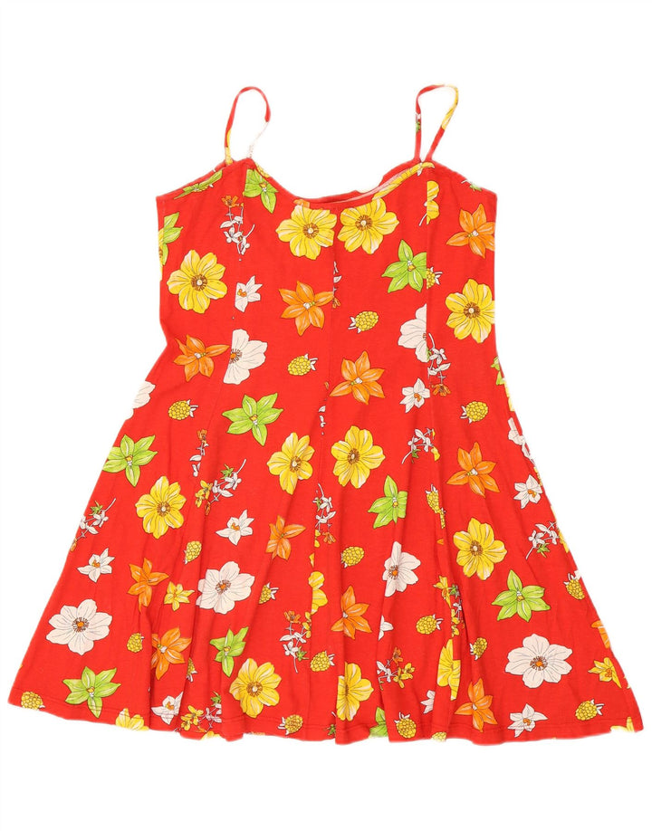Vintage solkjole til kvinder UK 12 Medium rød blomstret bomuld