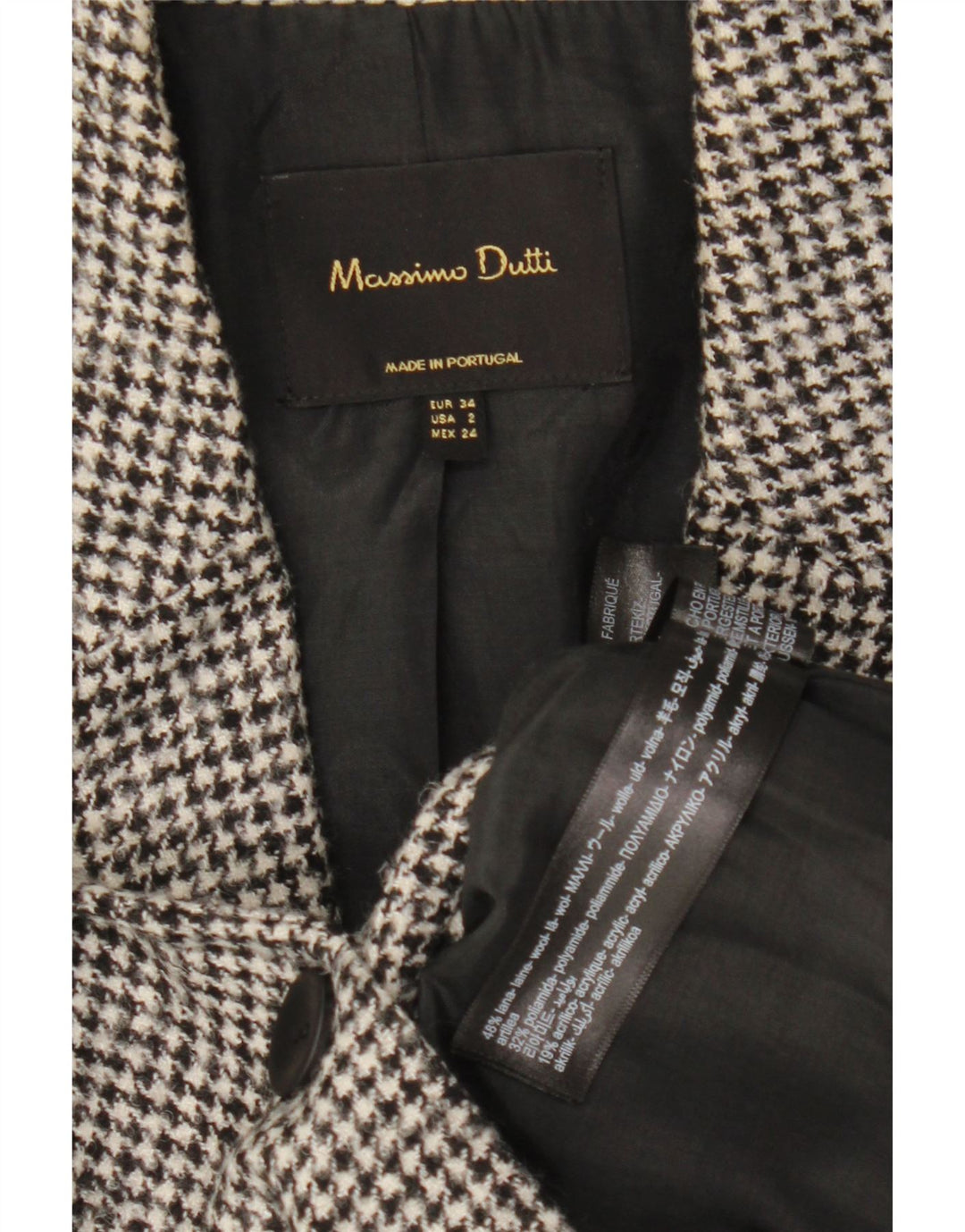 Massimo Dutti Dame 1-knaps blazerjakke EU 34 2XS Grå Houndstooth Uld