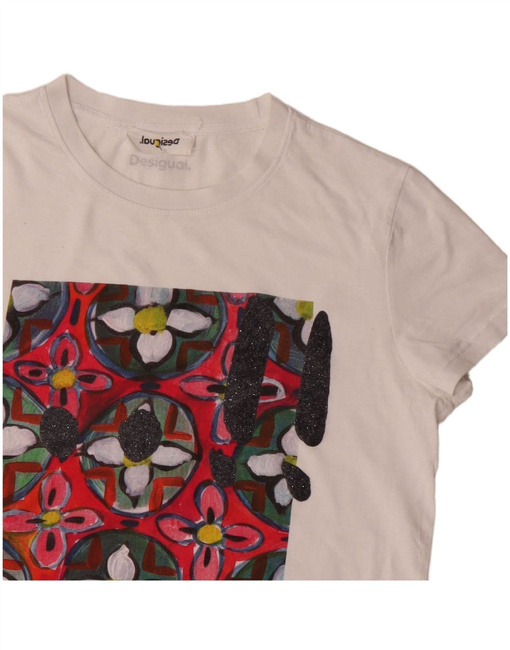 Desigual Dame Grafisk T-Shirt Top UK 12 Medium White