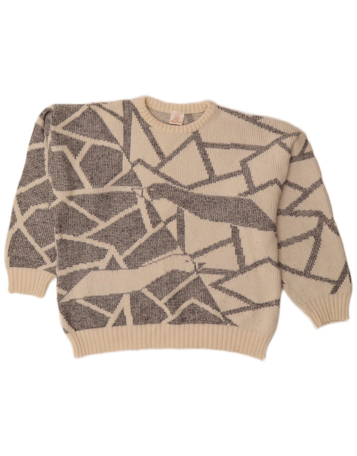 Vintage Dame Boat Neck Jumper Sweater EU 38 Medium Off White Geometrisk