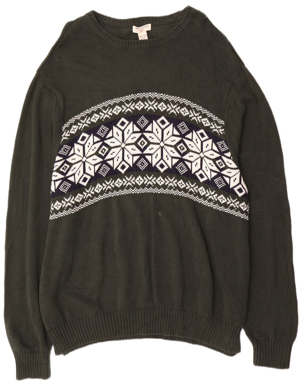 Dockers Mens Boat Neck Jumper Sweater 2XL Khaki Fair Isle Cotton