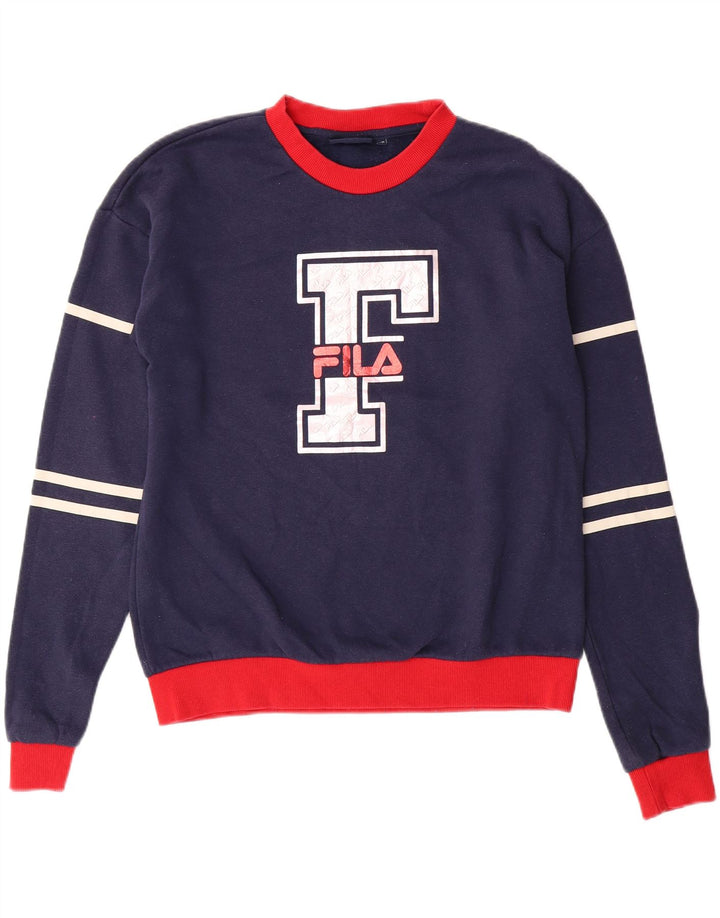 FILA Womens Oversized Sweatshirt Jumper UK 6 XS Navy Blue Colourblock Vintage Fila and Second-Hand Fila from Messina Hembry 