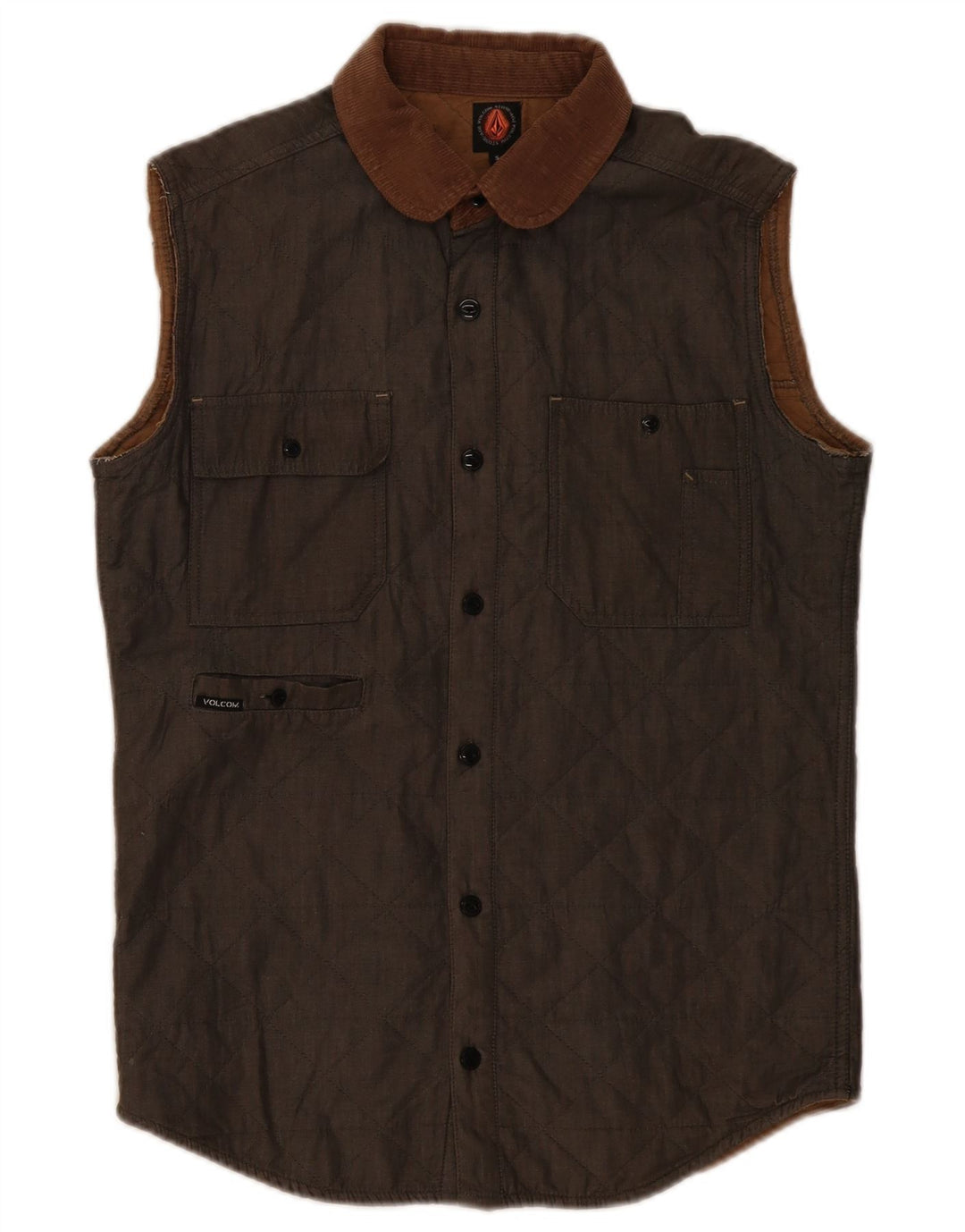 Volcom Herre Quiltet Gilet UK 36 Small Khaki Cotton