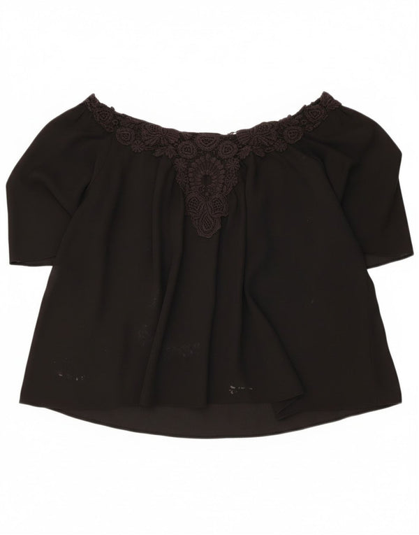 Zara Womens Crop Oversized Off Shoulder Top UK 16 Large Black Floral