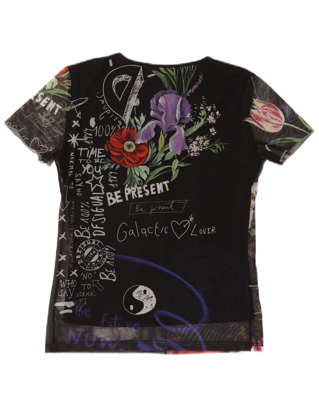 Desigual grafisk T-shirt top til kvinder UK 12 Medium Sort blomstret polyester