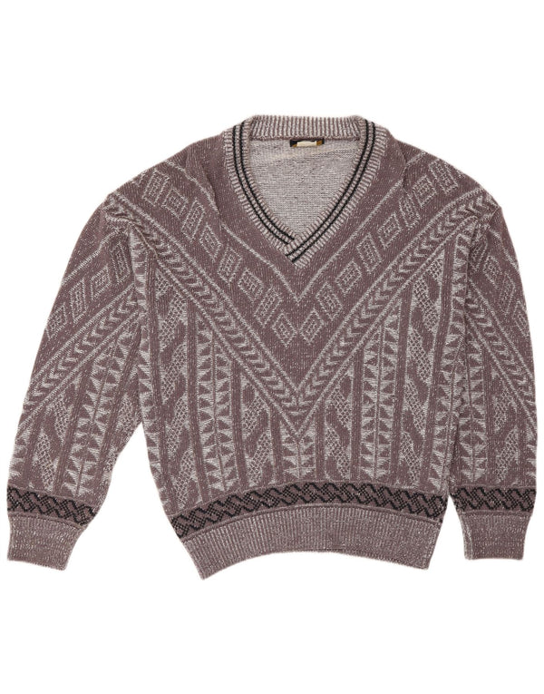 Vintage Mens V-Neck Jumper Sweater IT 46/48 Small Burgundy Geometric